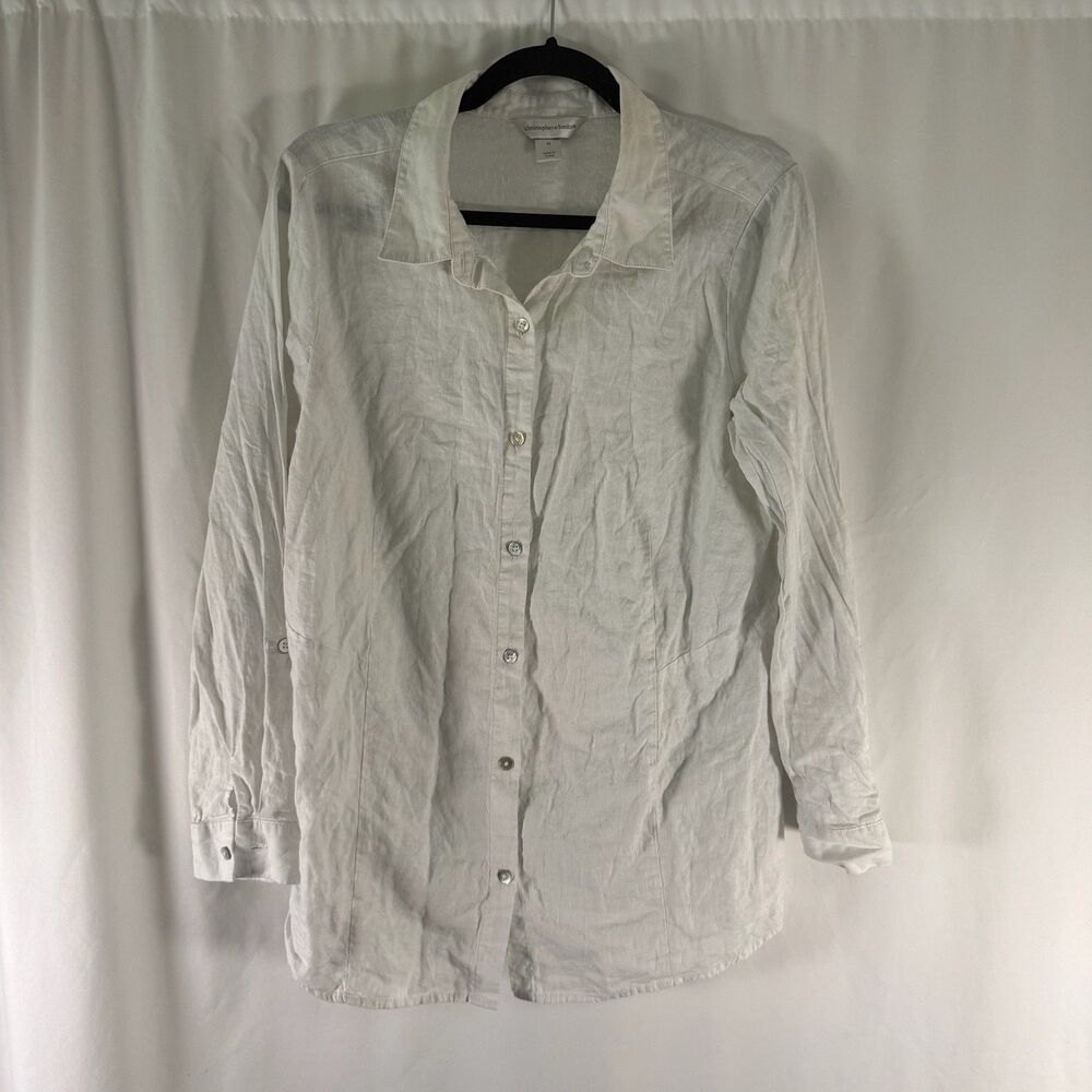 Christopher and Banks Linen Blend Blouse Women's Medium White Button Up Long Sl